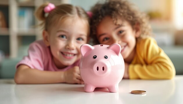 Two smiling kids look at piggy bank and one coin. Concept saving money, financial literacy for children. Little girls plan their future savings account. Childhood budget.