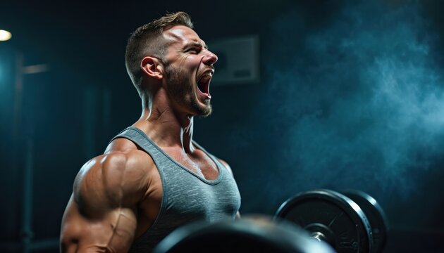 Muscular man shouts lifting weights in gym. Intense workout, strength, determination, fitness. Bodybuilding, fitness, sport, energy, power, hard work, dedication, effort.