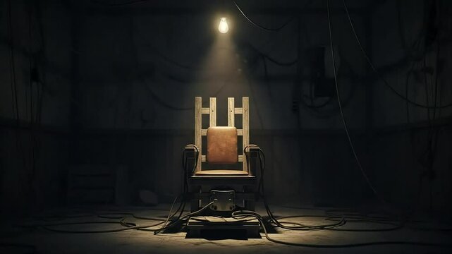 An ominous electric chair stands illuminated by a single bare bulb in a dark, desolate room