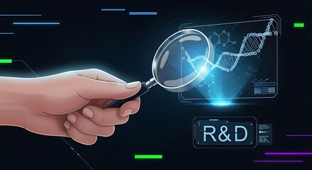 Fototapeta premium R&D (Research and Development) concept. A scientist's hand holds a magnifying glass over a holographic formula, symbolizing innovation and scientific discovery.