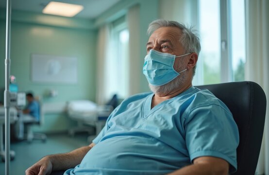 Mature patient wearing medical mask in hospital room. Overweight senior male rests, gets health treatment, therapy, recovers, resting. Medical healthcare concept, ward indoor, clinic, pandemic.