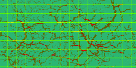 Abstract cracked texture with vibrant red and yellow vein patterns over a green background, resembling a digital topographic or neural map design.