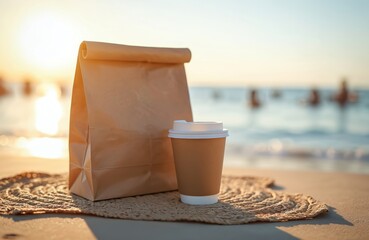 Kraft paper cup of coffee, paper bag on beach. Take-out eco-friendly food concept at seaside. Hot drink beverage at sunset or sunrise, holiday vacation lifestyle. Mockup design with natural elements.