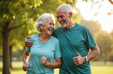 Happy senior couple smiles after outdoor running exercise, retirement fitness. Elderly runners rest, enjoying low impact cardio training, active lifestyle for healthy life. Man embraces woman.