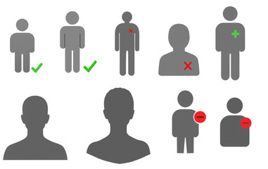 Fototapeta premium Diverse User Status Set: Gray Silhouettes with Checks, Crosses, Plus, and Minus Symbols
