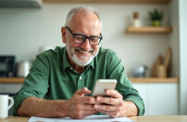 Happy senior man using mobile phone at kitchen table. Smiling old middle aged customer holding smartphone, scrolling, buying online, reading news at home.