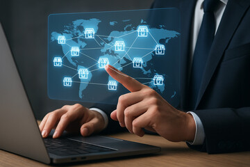 A person in a suit using a laptop with a world map and franchise store icons displayed on a screen