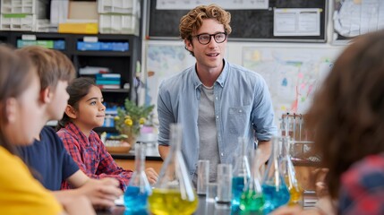 Science class experiment teacher teaching students chemistry lesson lab classroom education learning study