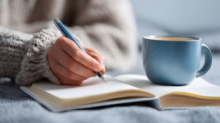 Woman writing in journal with coffee cup on table creative writing and journaling lifestyle concept