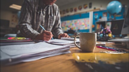 Teacher grading papers in classroom setting with coffee mug on the desk for education concept