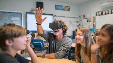 Vr classroom education: teacher using virtual reality with students in modern learning environment experience
