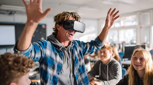 Teacher using vr headset in classroom with students for immersive learning experience in modern education