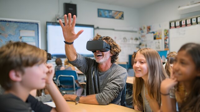 Vr classroom education: teacher using virtual reality with students in modern learning environment experience - Powered by Adobe