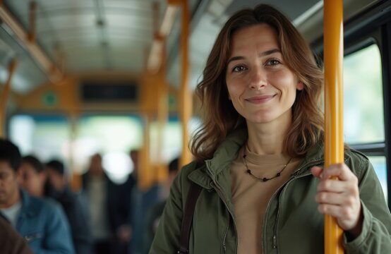 Mid adult woman commuter smiling, standing in a bus during public transport. Female passenger enjoys daily urban commute, happy to travel to work or home. Modern city lifestyle.