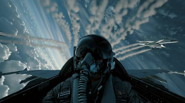 View from fighter jet cockpit with pilot and other jets flying in formation against cloudy sky