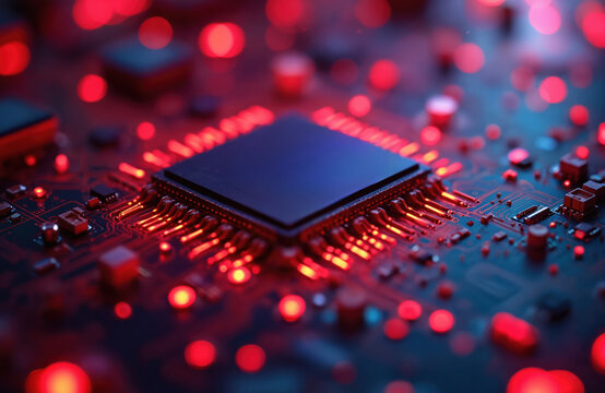 Abstract high tech circuit board, glowing red blue lights. Modern digital technology network, computing, data processing system concept. Electronic hardware information, innovation. Futuristic design.
