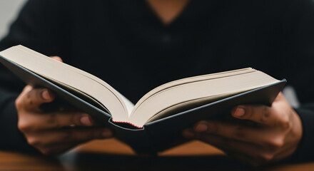 Person in black shirt holding open book with blank pages in a close up shot in a dimly lit room
