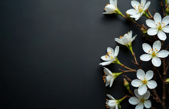 White cherry blossoms on dark table background. Empty space for emotional, sentimental text. Condolence card, banner, invitation or adieu card. Funeral, memorial concept.