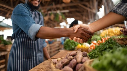 Farmers market handshake agreement for fresh produce and local business collaboration success story