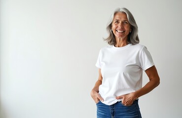 Obraz premium Smiling grey-haired senior woman in white t-shirt looks at camera. Happy mature lady in studio, posing with hands in pockets. Authentic people. Joyful person.