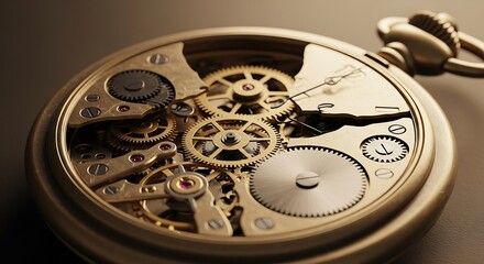 Close-up view of a vintage pocket watch's intricate internal mechanism, showcasing gears and components.