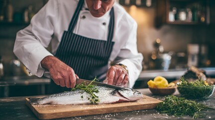 Chef preparing fresh fish recipe in restaurant kitchen cutting board seafood gourmet cuisine culinary art