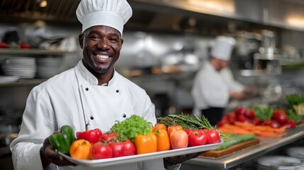 Professional chef holding fresh vegetables in restaurant kitchen for healthy food preparation
