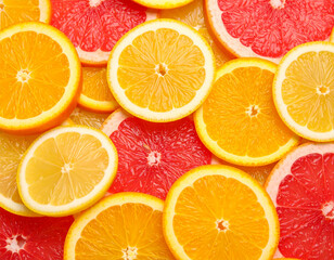 Obraz premium Vibrant slices of oranges, lemons, and grapefruits create colorful and refreshing backdrop, showcasing their bright hues and juicy textures, perfect for summer vibes