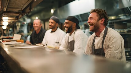 Happy restaurant chefs team laughing together in commercial kitchen professional catering staff scene