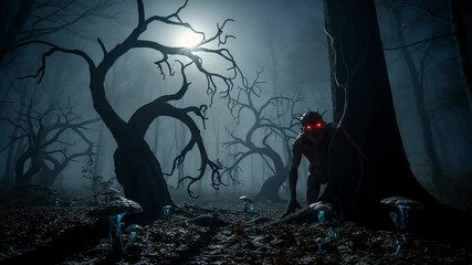Gnarled trees and glowing fungi set a chilling scene as a horned creature observes from the shadows. - Powered by Adobe