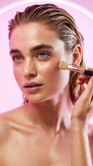 Obraz premium Beautiful blonde woman with slicked-back hair holds a foundation brush near her face on neon pink lighting background, beauty concept