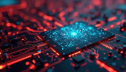 Abstract tech photo with red, blue glowing circuit board. Neural network concept, data processing, signal analysis visualization, ai technology. Modern design of digital interface, ai innovation in