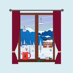 View from the window to the winter mountain landscape with snow, trees and ski lift. Hot drink in a cup, holly and candy cane decorations for Christmas. Winter festive atmosphere. Vector