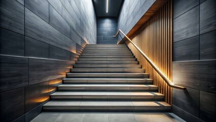 Fototapeta premium A modern staircase with a wood and metal handrail is elegantly lit in a contemporary building