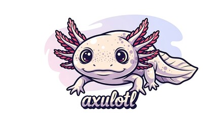 Naklejka premium Cute cartoon axolotl, with large eyes and pink gills, in a stylized design.