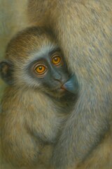 Obraz premium A baby vervet monkey nurses while gazing out with soulful eyes, wrapped in the warmth and safety of its mother’s embrace—pure, silent bonding in the wild.