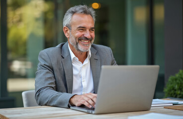 Fototapeta premium Happy mature businessman working on laptop computer outside. Smiling middle aged pro male entrepreneur sitting at table outdoors. Hybrid work, remote workplace concept.