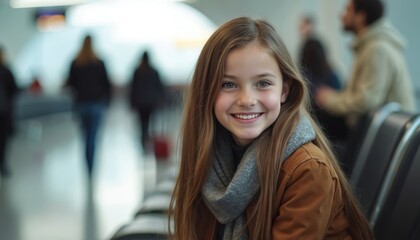 Young girl smiles sitting in airport terminal. Cheerful child with long hair waits for departure. Passenger portrait with background of blurred people. Travel and journey concept.