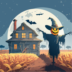A gritty horror vector featuring a scarecrow with glowing eyes in a dark cornfield under a full moon near a broken farmhouse, drawn in a spooky vintage comic style.