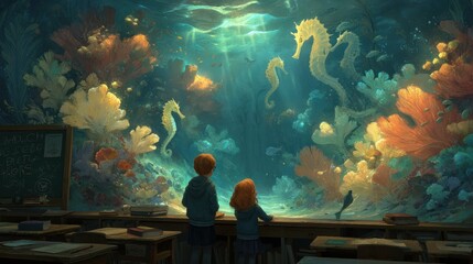 Children Looking Seahorses Classroom Aquarium