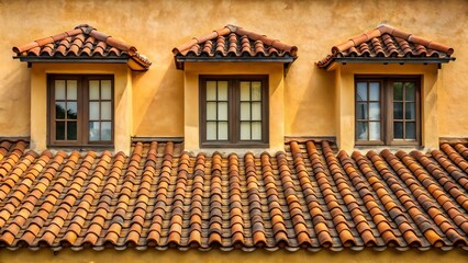 Three identical windows with brown frames are set into a terracotta tiled roof against a light orange wall