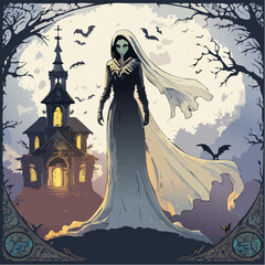 A haunting vector of a ghost bride floating with torn veil and hollow eyes before a foggy chapel, in dark textured comic style full of eerie emotion.
