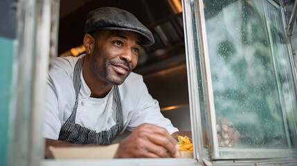 Food truck chef serving delicious fries from window at outdoor event for happy customers and great service