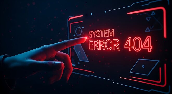 System error and 404 failure concept. A red holographic "SYSTEM ERROR" message blocks a user from interacting with a screen, symbolizing a technical problem or glitch.
