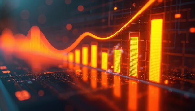 Dynamic business chart with bar graphs, rising line, growth. Financial market data analysis, investment strategy concept. Abstract digital background with modern design, representing success,