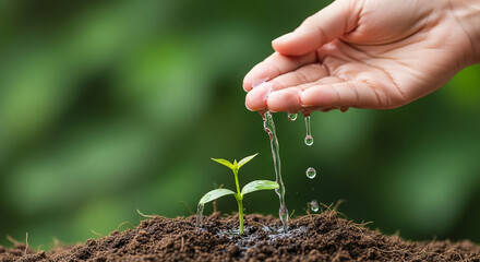 Hand watering a small plant seedling in soil with blurred green background for growth concept image