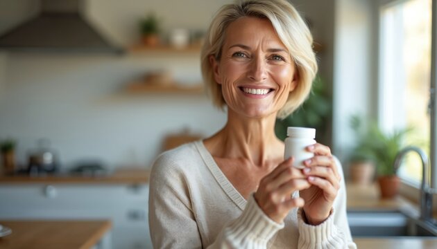 Smiling middle-aged woman holding pill bottle in modern kitchen. Blond lady showing supplements for daily routine, health care. Positive vibes with natural light, wellness concept. Healthcare,
