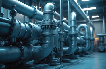 Industrial filtration equipment system with metallic pipes, pipelines. Metal pipes, tubes, valves. Modern tech filtration system in plant, factory. Manufacturing process, water cleaning, oil