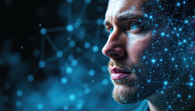 Close-up portrait of man face with digital grid overlay. Illustration represents digital training visualization for athletes. Blue network lines, connection points, abstract modern tech design.