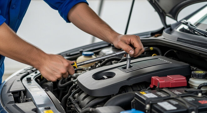 Mechanic working on a car engine with hood open using a wrench in a garage setting for maintenance - Powered by Adobe